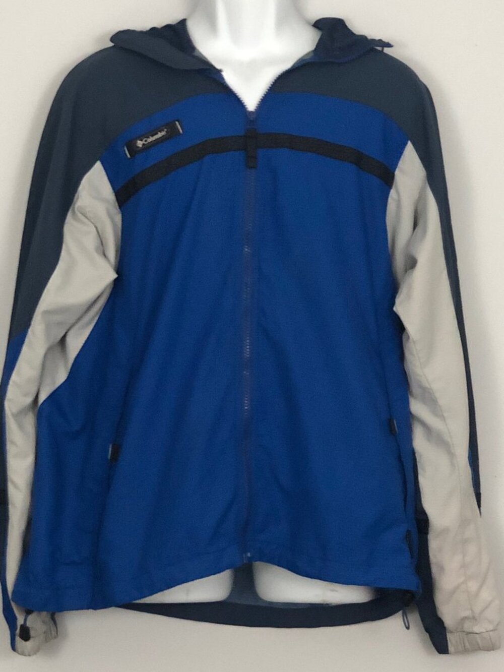 Columbia Packable Windbreaker Jacket Blue Gray Mens L Vented Hooded Gorpcore